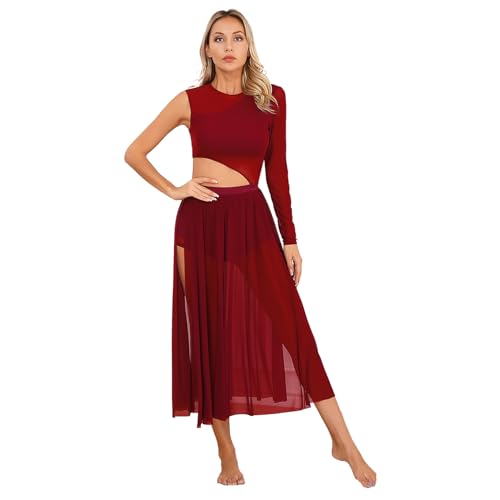 ranrann Femme Robe Danse Classique Manches Asymétrique Robe Danse Latine Salsa Salon Rumba Justaucorps Ballet Tenue Danse Contemporaine Dancewear S-XXL A Bordeaux M