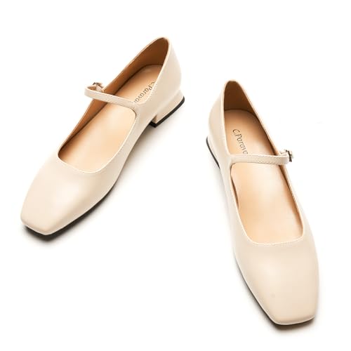 C.Paravano Women's Mary Jane Flats Adjustable Strap & Square Toe | Memory Foam Comfort | Perfect for Office, Weddings, Travel(Ivory,8)