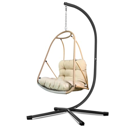Image of JESE Swing Egg Chair Foldable Frame Hanging Chairs, UV Resistant Waterproof Cushion and Cup Holder,Swing Hammock Chairs for Patio,Bedroom,Balcony, Garden-350lbs, Stand Included, Brown