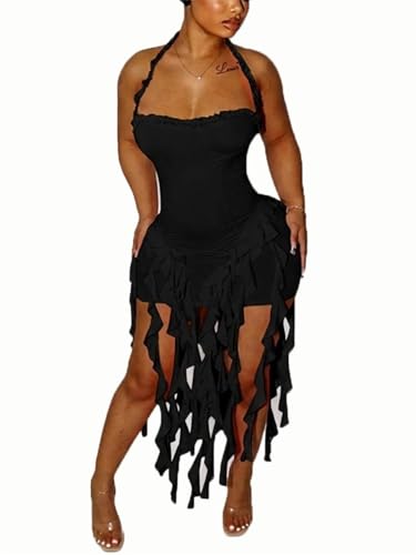 Image of Women's Summer Mini Dress Sexy Halter Backless Ruffle Fringe Bodycon Short Dress Cocktail Party Beach Vacation Sundress