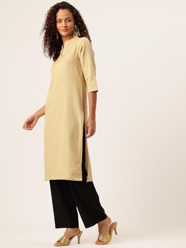 Image of feranoid Women's Plain Cotton Kurta with Mandarin Collar, 3 /4 Sleeves & Pocket