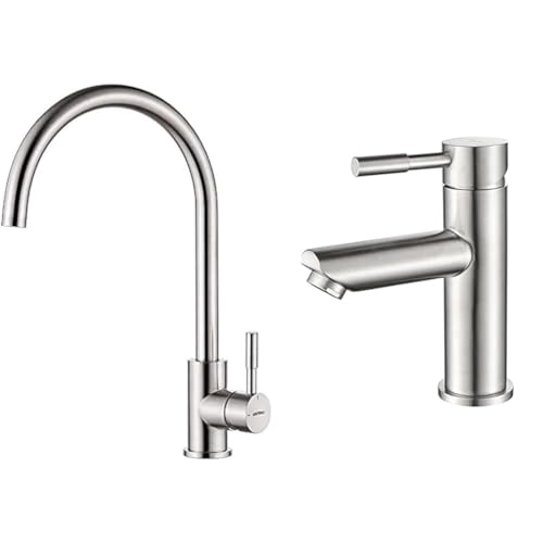 GRIFEMA Irismart G4008 Grifo de Cocina Alto con Caño Giratorio, Mezclador de Fregadero, Cold Start & Ibergrif, Mundo, Grifo de Lavabo de Acero Inoxidable, Mezclador Monomando para Lavabo