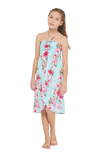 Matchable Hawaiian Luau Mother Daughter Women Kimono Dress or Girl Halter Dress in Pink Turquoise Hibiscus Vine3