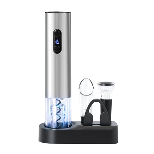 ELMWAY VinoLux Series Battery Electric Wine Opener Set Electric Corkscrew with Dual LED & Stainless Steel Shell Base Foil Cutter Wine Pourer & Vacuum Stopper 4 AA Required Silver