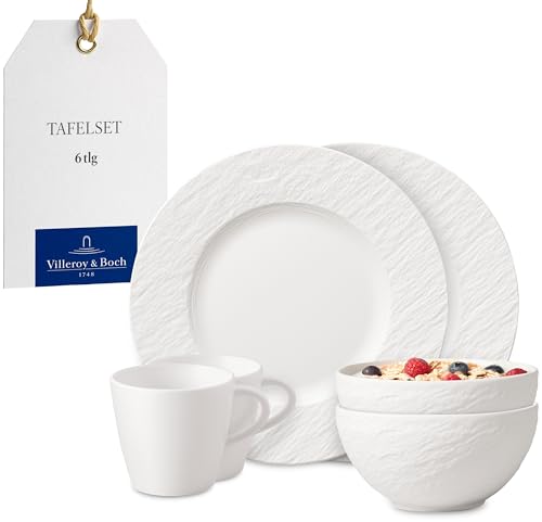 Villeroy & Boch – Manufacture Rock blanc Frühstücks-Set 6 teilig für 2 Personen Weiß, Spülmaschinenfest, Mikrowellensicher, Geschirrset mit Frühstückstellern, Tassen und Schüsseln, Premium Porzellan