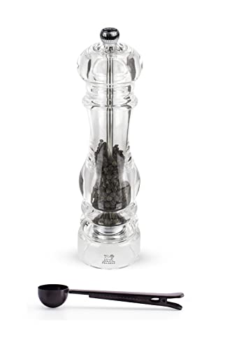 Peugeot - Nancy Acrylic Manual Pepper Mill - Transparent Adjustable Grinder Gift Set- With Stainless Steel Spice Scoop/Bag Clip, 8.75 Inch