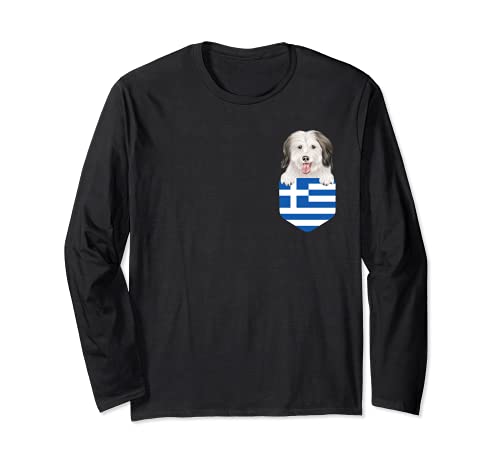 Greece Flag Coton de Tulear Dog In Pocket Long Sleeve T-Shirt, Black