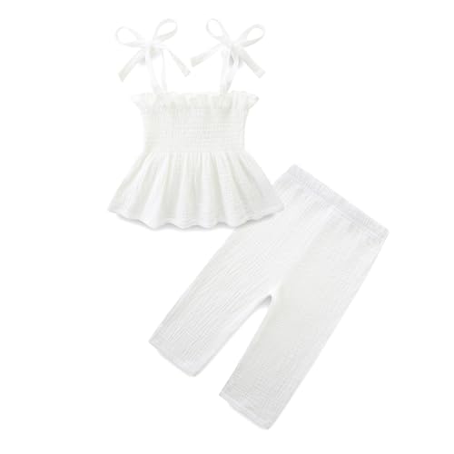 Hikido Toddler Baby Girl Summer Outfits 18~24months Smocked Camisole Ruffle Sleeveless Top Linen Pants Summer Girls Outfits Kids Clothing Set Beige