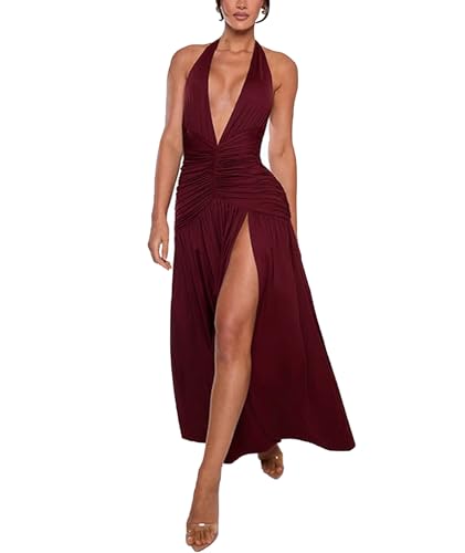 Image of Ekaliy Women's Sexy Halter Deep V Neck Maxi Dress Sleeveless Backless High Slit Ruched Long Dress Summer Party Cocktail Dress