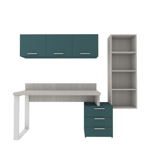 MOBILFINO CAMERETTE Coin bibliothèque Design avec Cubes et Commode - Solution Moderne et Peu encombrante - Rovere Rock e Verde Petrolio, Droit