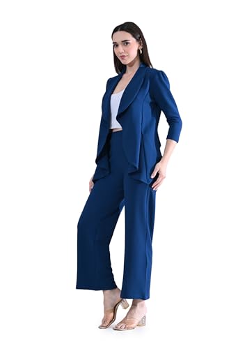 Image of Women's Solid Relaxed Fit 3 /4 Sleeve Cotton Blend Co-ord Blazer and Trouser Set