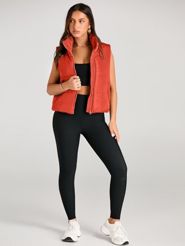 AUTOMET Women‘s Cropped Puffer Vest, Y2K Inspired Sleeveless Gilet for Fall Winter Spring, Casual to Street OuterwearOrange S