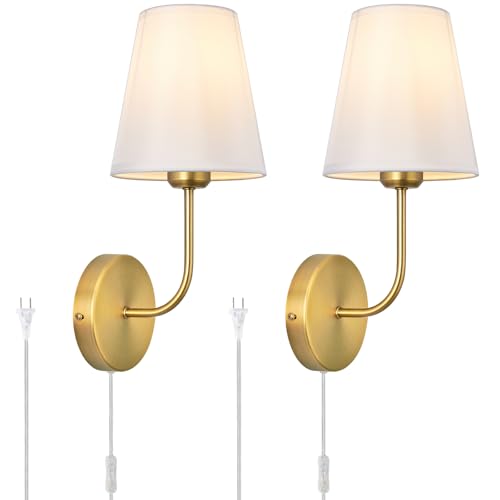Image of Plug in Wall Sconces Set of 2, Gold Finish with White Fabric Shades, Wall Lamp with On Off Switch, Farmhouse Lighting for Bedroom Bedside Living Room Fireplace Hallway Bathroom