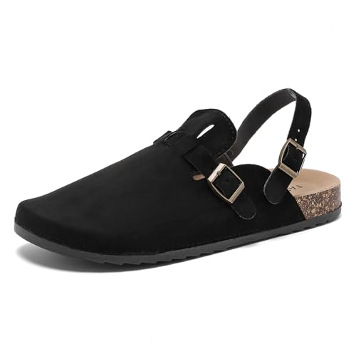Men Suede Clogs with Arch Support, Unisex Leather Mules for Women, Adjustable Double-Buckle Cork Footbed Slip-On Sandals - Comfortable Potato Shoes