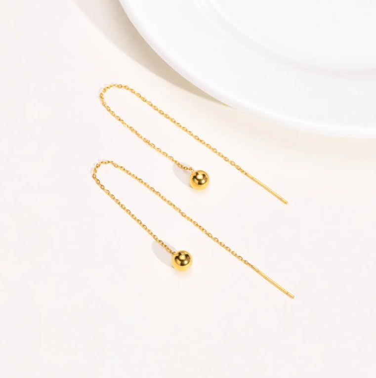 18K Gold Minimalist Ball Drop Threader Earrings, Stainless Steel Chain, Dangle Style, Elegant Long Design - Image 5