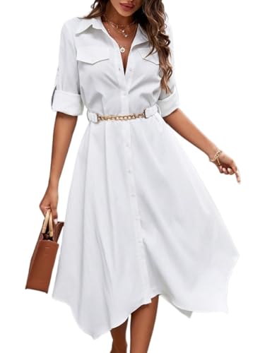ARTANT Womens Midi Dress Asymmetrical Hem Belted Shirt Dress High Waist Work Dress
