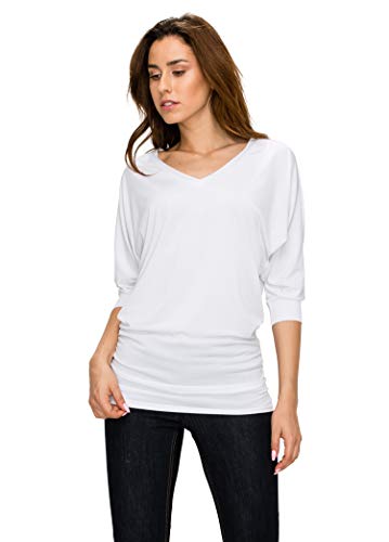 MBJ Womens ITY V-Neck 3 4 Sleeve Drape Top with Side Shirring Dolman - Made in USA S White