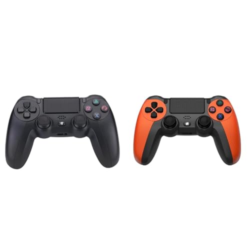 NK Lote de 2 Mandos Inalámbricos para PS4 / PS3 / PC/Móvil (Negro + Naranja) - Wireless Controller con Dualshock, Luz LED, Panel Táctil, Entrada para Auriculares, Cable de Carga incluido