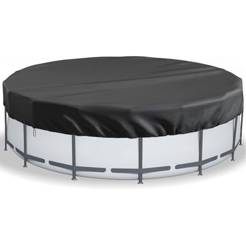 LQCOZYM Poolabdeckung Rund 366 cm – 420D Oxford Abdeckplane wasserdicht & UV-beständig – Mit Kordelzug & Bodenankern – Sommer-Schutzplane für Aufstellpools, Trampolin & Whirlpool (Schwarz, 366 cm)