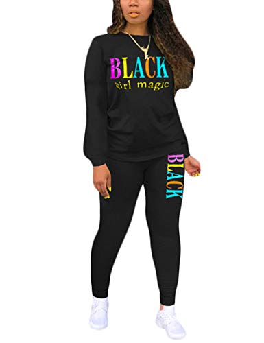 Women's Letter Print 2 Piece Outfits, Tracksuits Long Sleeve Sweatshirt Top Skinny Pants Set Letter-Black XL