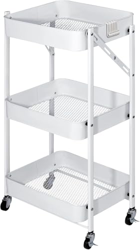 T-LoVendo Carro almacenaje Auxiliar Cocina o baño Plegable con Ruedas. Carrito Ahorra Espacio, Estrecho. 3 cajones de Malla metálica. Multiusos. Blanco