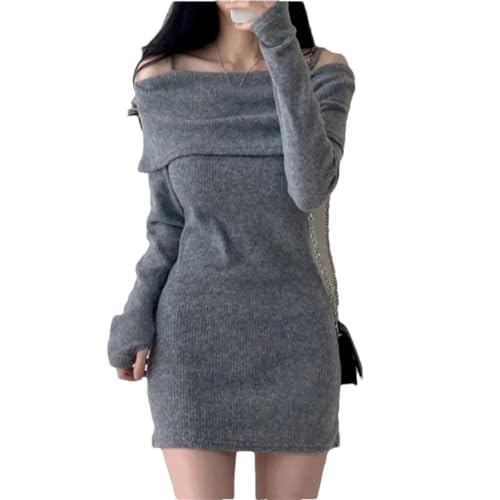 Vestido de mujer de otoño e invierno con correa de hombro descubierto y solapa de punto de color sólido, gris, S