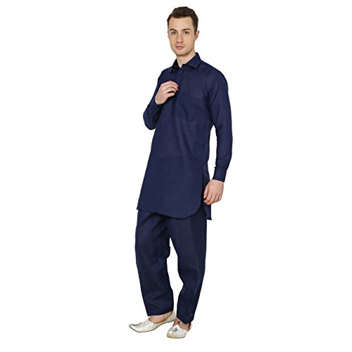 Traje Pathani de lino contra el calor veraniego conjunto azul marino comodo 2