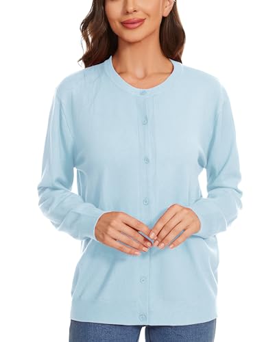 Image of Womens Cardigan Sweaters Basic Button Down Casual Dressy Classic Crewneck Long Sleeve Spring Outfits (S-2XL)
