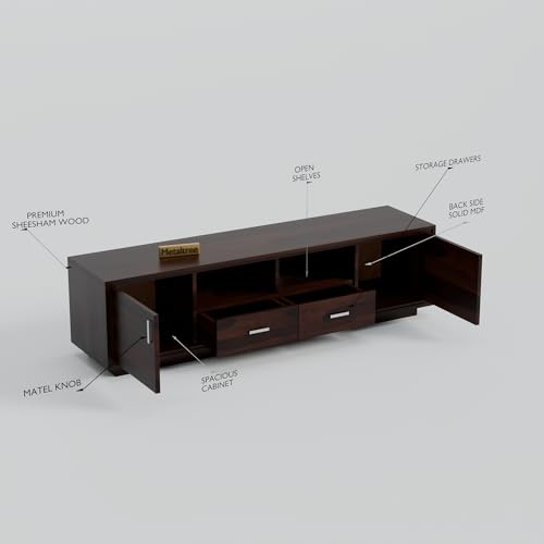 Image of Premium Solid Sheesham Wood TV Unit with 2 Drawers, 2 Shelves, and 2-Door Storage - Accommodates up to 65-Inch TV - Ideal for Living Room (Crimson, Walnut Finish)