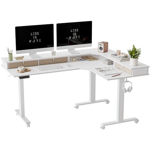 Image of FEZIBO Triple Motor 63 inch L Shaped Standing Desk with 3 Drawers, Electric Standing Gaming Desk Adjustable Height, Corner Stand up Desk with Splice Board, White Frame /White Top