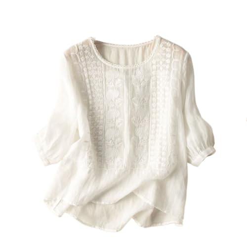 Blusas de algodón y Lino Bordadas para Mujer, Blusa Boho de Manga 3/4, Camisa túnica Informal de Verano con diseño Floral (White,L)