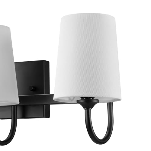 Image of Globe Electric 63000206 5-Piece All-in-One Bathroom Set, 3-Light Vanity Light, Matte Black, Linen Shades, Towel Bar, Robe Hook, Toilet Paper Holder, Towel Ring, Bathroom Lights Over Mirror