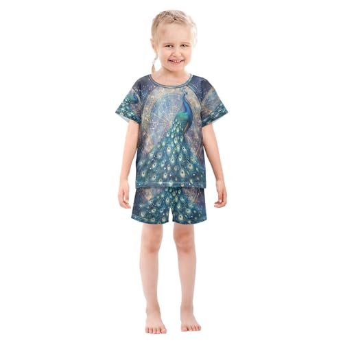 ALAZA Peacock Bird Constellation Pajamas Set Short Sleeve Cotton Sleepwear Summer Pjs 2 Piece 5-14Y3