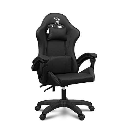 Apollo Gaming Stuhl, Bürostuhl PC Stuhl, Gamer Stuhl mit Kopfstütze, Lendenkissen und Armlehnen, verstellbare Rückenlehne 90-135°, Gaming Sessel, Schwarz