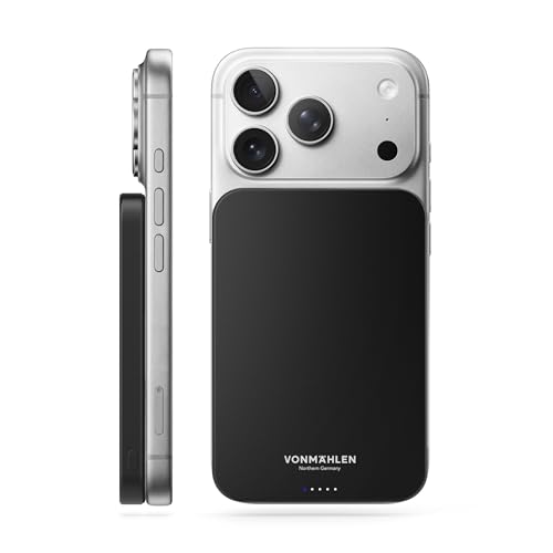 Vonmählen Evergreen Mag - Powerbank Magnetica Ultra-Sottile da 5000mAh, Ricarica Veloce Wireless e USB-C PD, QI2 Certificata - Nero