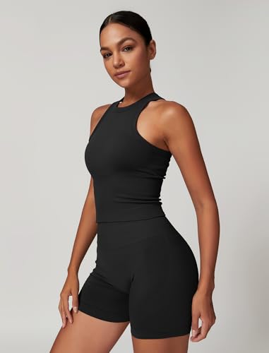 Image of Workout Sets for Women 2 Piece Seamless Ribbed Tank Top Sport Bra High Waist Biker Shorts GYM Yoga Exercise Outfits
