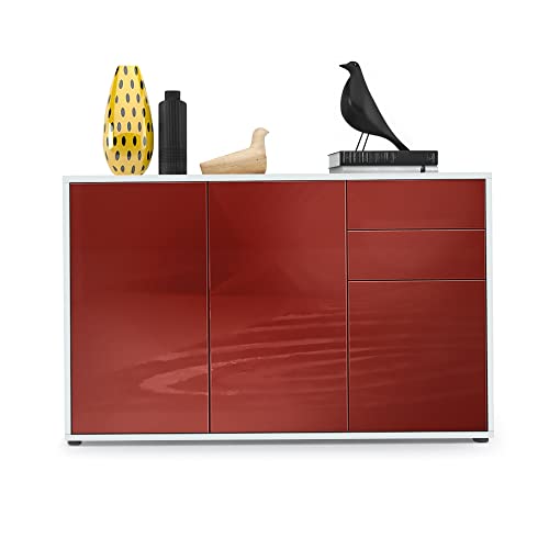 Vladon Buffet Ben V3, Commode avec 3 Portes et 2 tiroirs, Blanc Mat/Bordeaux Haute Brillance (117 x 74 x 36 cm)