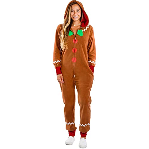 Disfraz de Navidad para adultos, de pan de jengibre, de manga larga, con cremallera, con capucha, mono para hombres y mujeres, fiesta, juego de rol, cosplay (disfraz, marrón, S)