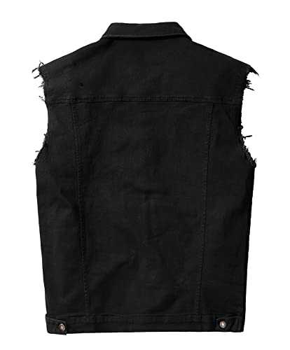 Rongyue Men's Casual Button-Down Denim Vest Sleeveless Jacket With Broken Holes, Black, Medium #TOP1