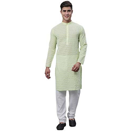 Image of SOJANYA (Since 1958 Men's Pure Cotton Blue Kurta with White Embroidery and White Pyjama Set