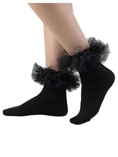 OYOANGLE Women's 1 Pair Mesh Ruffle Frilly Socks Lace Trim Princess Soft Lightweight Knit Ankle Socks