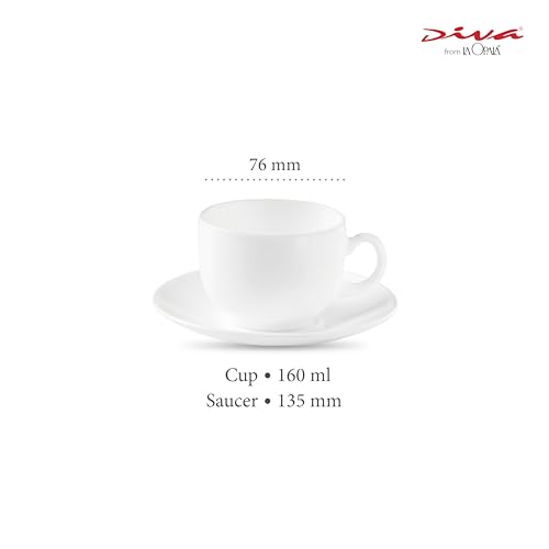 Image of La Opala Diva, Opal Glass Crockery | Cup & Saucer Iris Regular, Set of 12 | Plain White, 160 ml | for Tea & Coffee | Microwave Safe | 100% Vegetarian | Extra Strong | Super Light | Super White