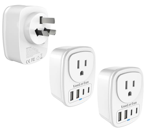 2 Packs Type I Plug Adapter, VooLerTun Timor Argentina Travel Plug Adapter with 4 USB Charger Ports (2 USB C),1 American Outlet Adapter. US Converter for Australia Travel Plug Adapter