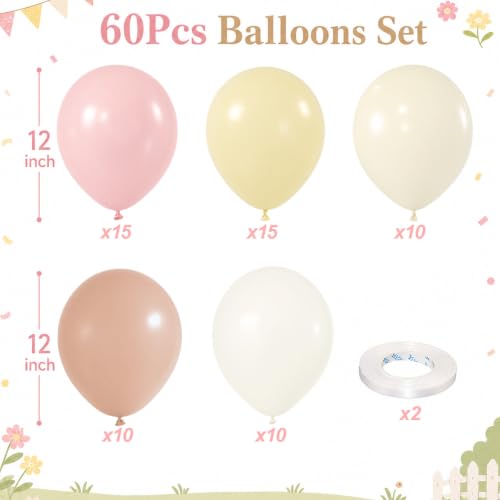Image of Pink and Yellow Balloons, 60 Pcs 12 Inch Light Pink Yellow Sand White | Latex Balloons with 2 Pcs Ribbon for Baby Shower Bee Bear Themed Birthday Bridal Shower Wedding Party Decorations