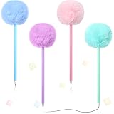 Epakh Pompom Ballpoint Pen Cute Fluffy Ball Plush Pens Macaron Color Ballpoint for Office Accessory Stationery Women Coworkers, Pink, Blue, Purple, Green(4 Pieces)