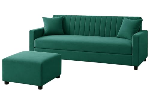 Image of Urban Decor 3 Seater Wooden Sofa Set with Matching Ottoman, Modern Channel Tufted Velvet Fabric Couch for Living Room-Green