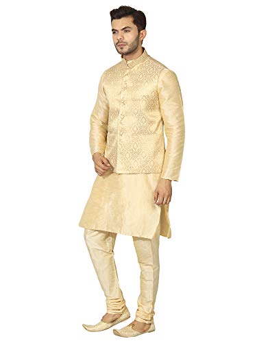 Image of Uri and MacKenzie Men's Silk Blend Regular Kurta Churidar Pyjama with Bundi Nehru Jacket /Waistcoat