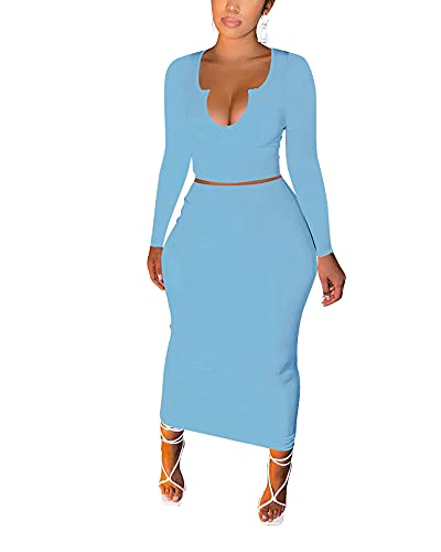 Image of Women Sexy Two Piece Skirt Outfits Long Sleeve /Sleeveless V Neck Bodycon Ribbed Knitted Maxi Club Party Dress