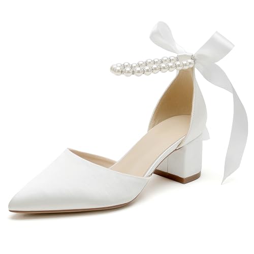 Women Block Pointed Toe Low Chunky Heels with Pearls Pumps Satin Bridal Shoes Evening Party Dress Shoes