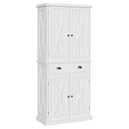 DWVO 72'' Farmhouse Kitchen Pantry, Rustic Wood Kitchen Storage Cabinets with Adjustable Shelves & Drawer, Tall Freestanding Cupboard for Dining Room, Living Room, White